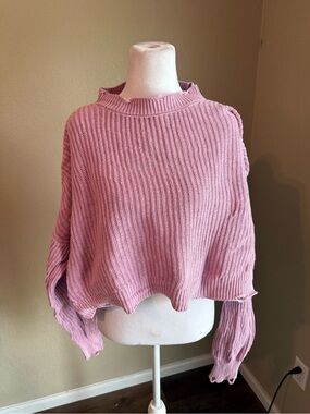 Pistola Women's Pink Ribbed Distressed Crewneck Sweater